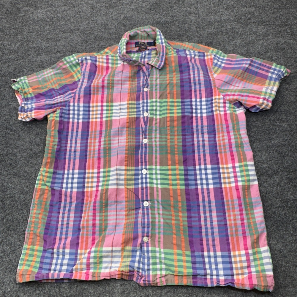 Polo Ralph Lauren Shirt Mens Large Pink Seersucker Madras Plaid Resort Classic